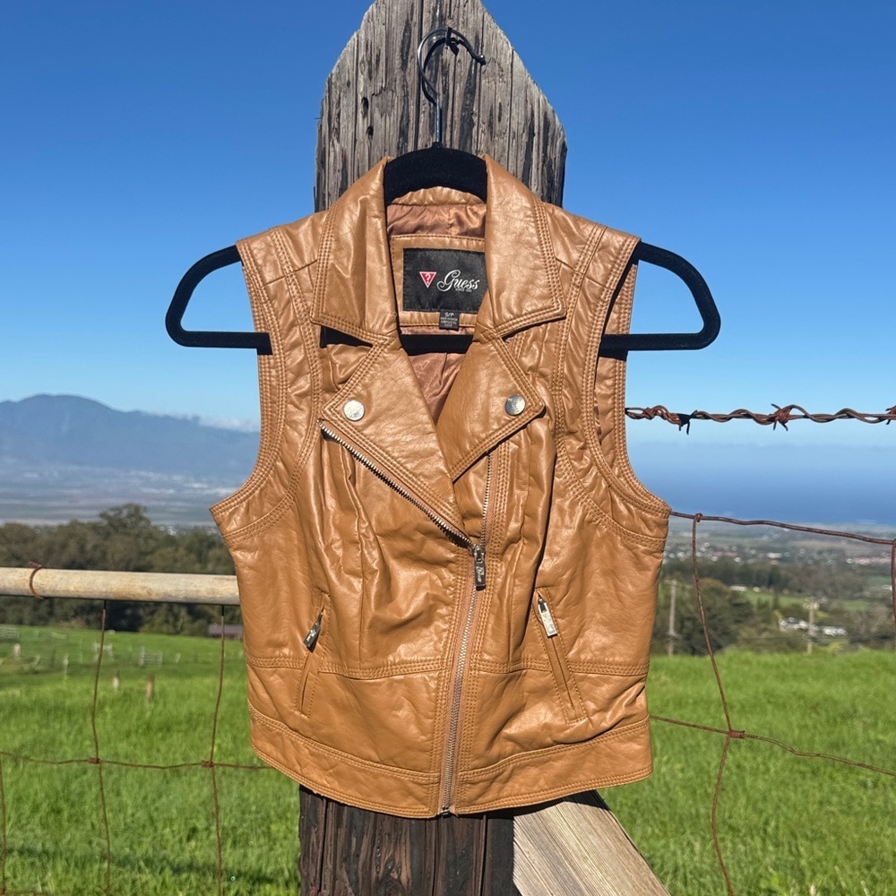Y2K Guess Faux Leather Vest Brown Motorcycle  Retro small